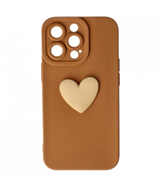 Husa iPhone 13 Pro, Silicon cu Protectie Camera,  3D Heart, Maro